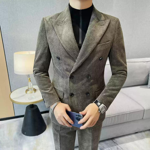 Chic Men's Double - breasted Corduroy Suit in Taupe ,XZ006