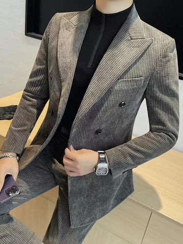 Chic Men's Double - breasted Corduroy Suit in Taupe ,XZ006
