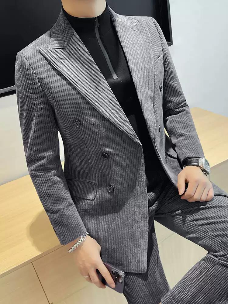Chic Men's Double - breasted Corduroy Suit in Taupe ,XZ006
