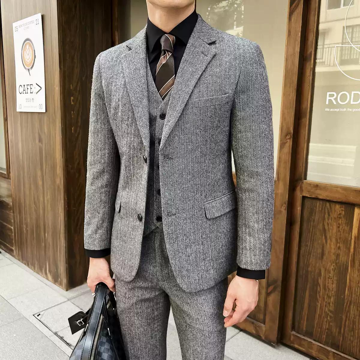 Elegant Men's Three - Piece Grey Tweed Suit , XZ010