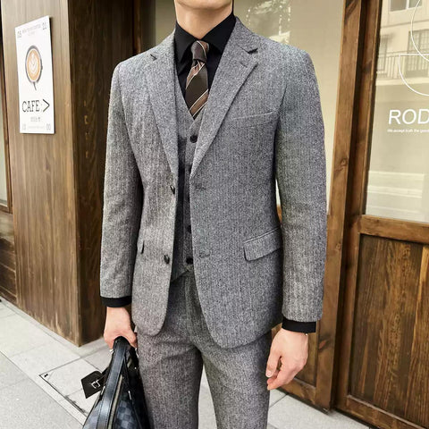 Elegant Men's Three - Piece Grey Tweed Suit , XZ010