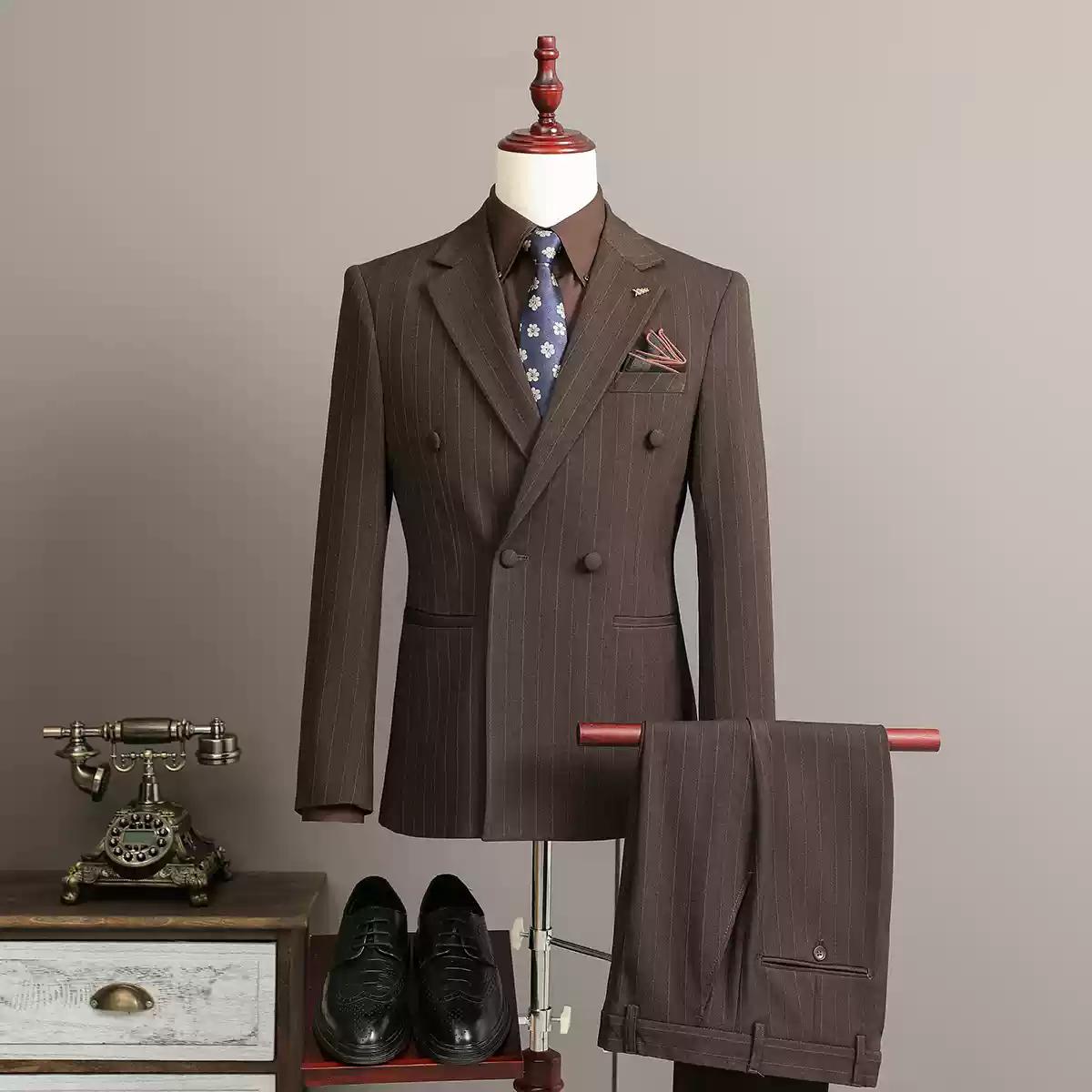 Classic Men's Double - breasted Brown Pinstripe Suit Set , XZ004