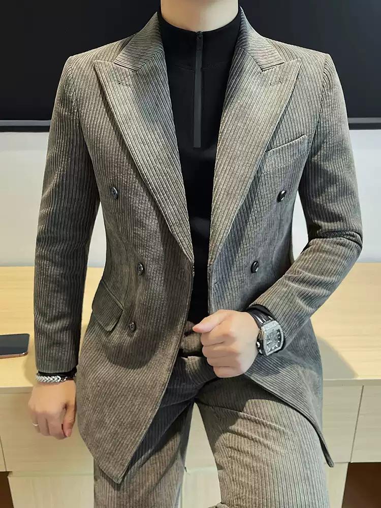 Chic Men's Double - breasted Corduroy Suit in Taupe ,XZ006