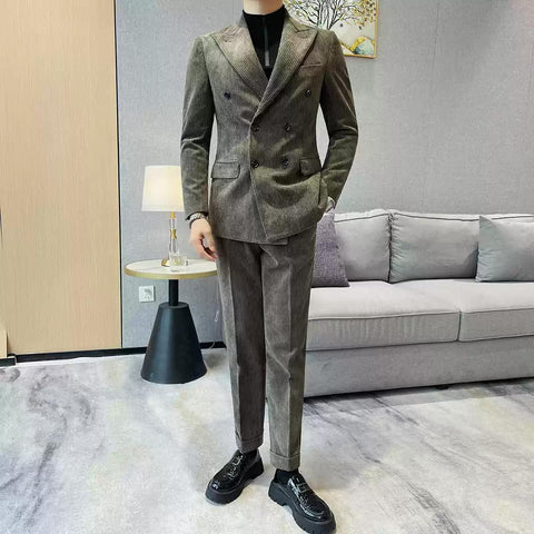 Chic Men's Double - breasted Corduroy Suit in Taupe ,XZ006