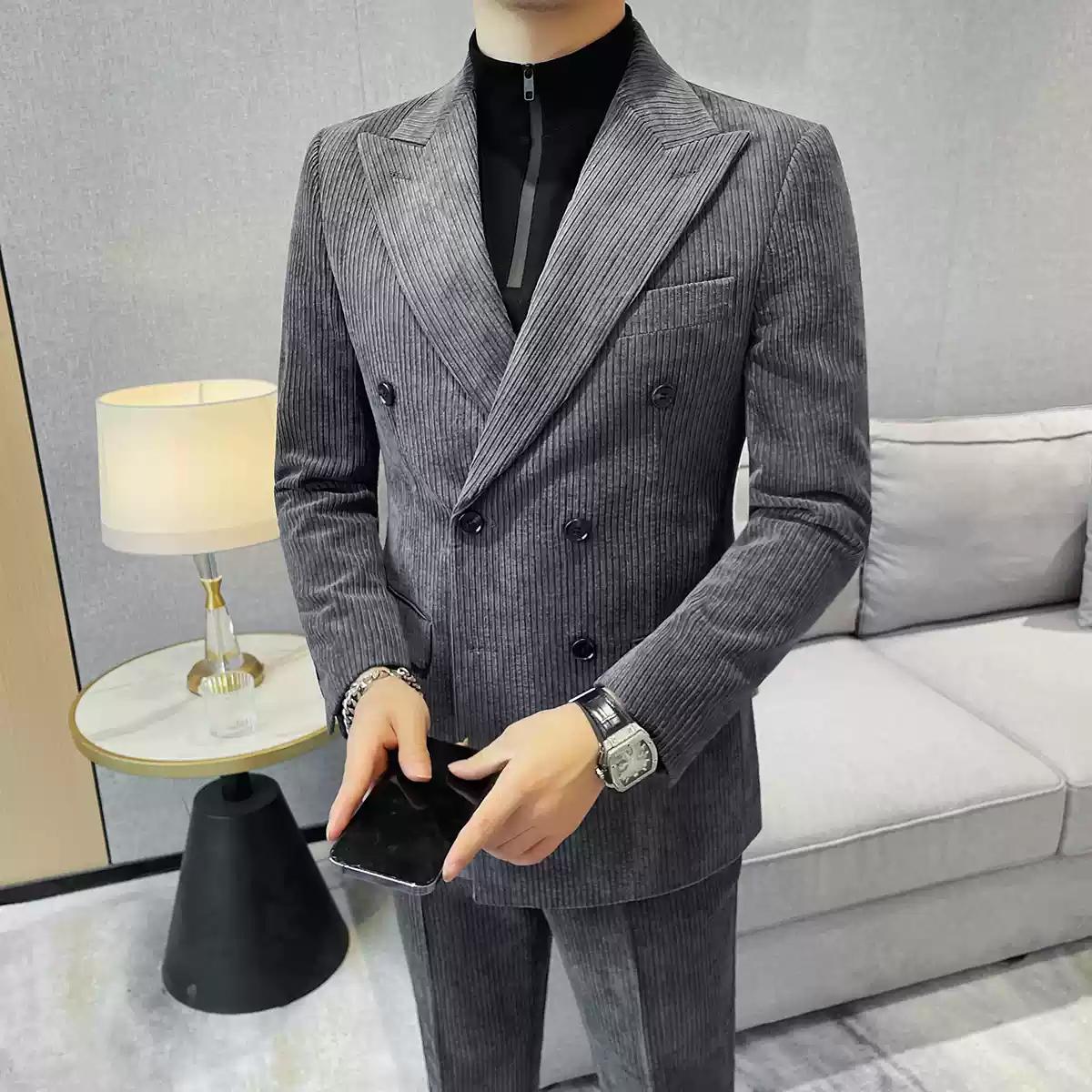 Chic Men's Double - breasted Corduroy Suit in Taupe ,XZ006
