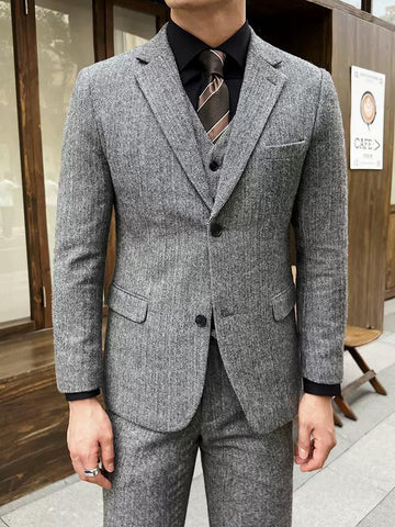 Elegant Men's Three - Piece Grey Tweed Suit , XZ010