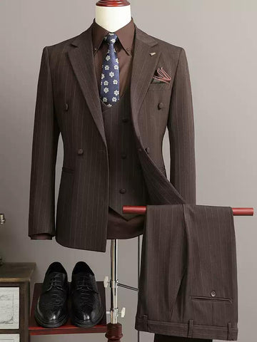 Classic Men's Double - breasted Brown Pinstripe Suit Set , XZ004
