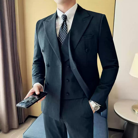 Dapper Men's Three - Piece Brown Suit with Double - breasted Blazer , XZ007