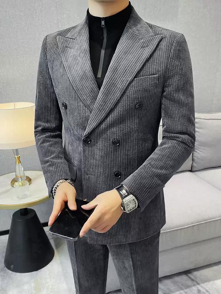 Chic Men's Double - breasted Corduroy Suit in Taupe ,XZ006