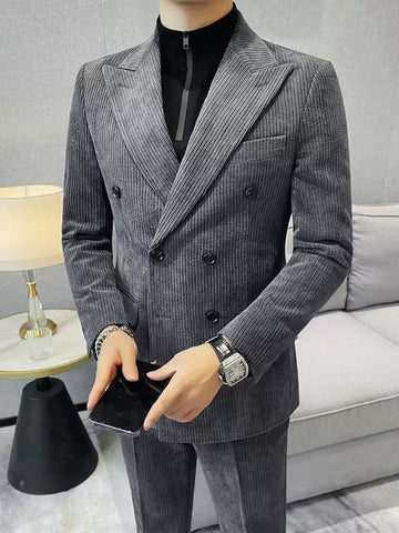 Chic Men's Double - breasted Corduroy Suit in Taupe ,XZ006