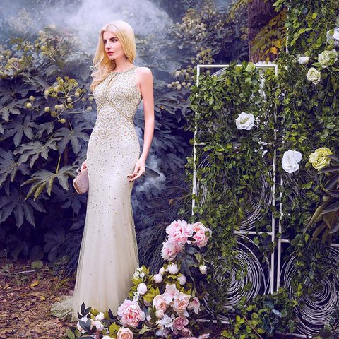 Glamorous Sleeveless Champagne Mermaid Gown  Sequin Embellishments Prom Dress,LX355
