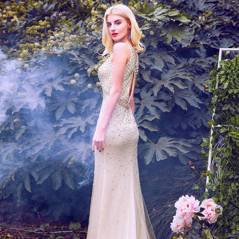 Glamorous Sleeveless Champagne Mermaid Gown  Sequin Embellishments Prom Dress,LX355