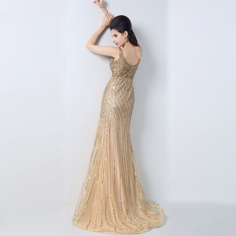 Gold Sequin Embellished V - Neck Mermaid Prom Dress, JS003