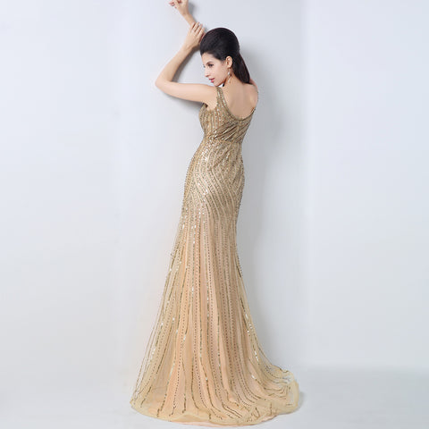 Gold Sequin Embellished V - Neck Mermaid Prom Dress, JS003