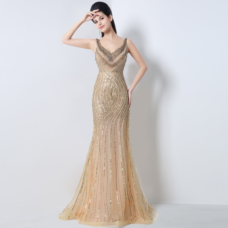 Gold Sequin Embellished V - Neck Mermaid Prom Dress, JS003