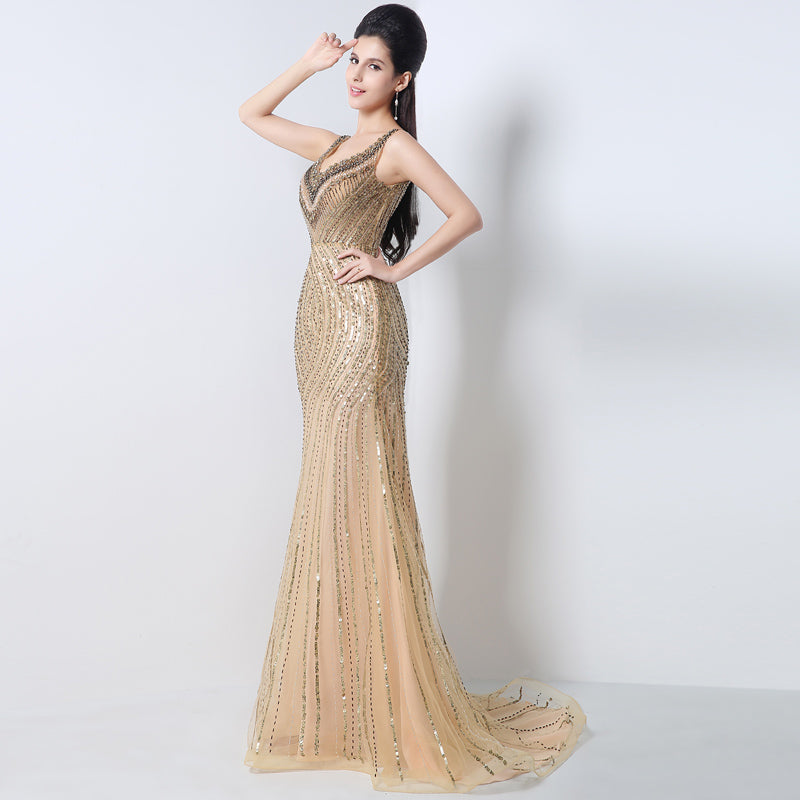 Gold Sequin Embellished V - Neck Mermaid Prom Dress, JS003