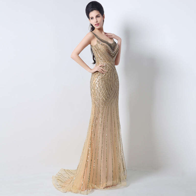 Gold Sequin Embellished V - Neck Mermaid Prom Dress, JS003
