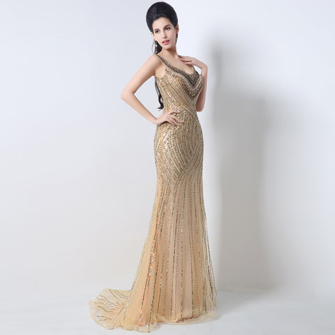 Gold Sequin Embellished V - Neck Mermaid Prom Dress, JS003