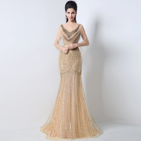 Gold Sequin Embellished V - Neck Mermaid Prom Dress, JS003