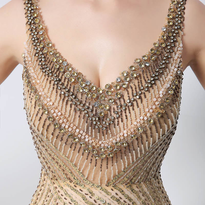 Gold Sequin Embellished V - Neck Mermaid Prom Dress, JS003