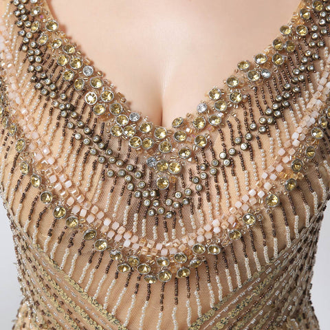 Gold Sequin Embellished V - Neck Mermaid Prom Dress, JS003