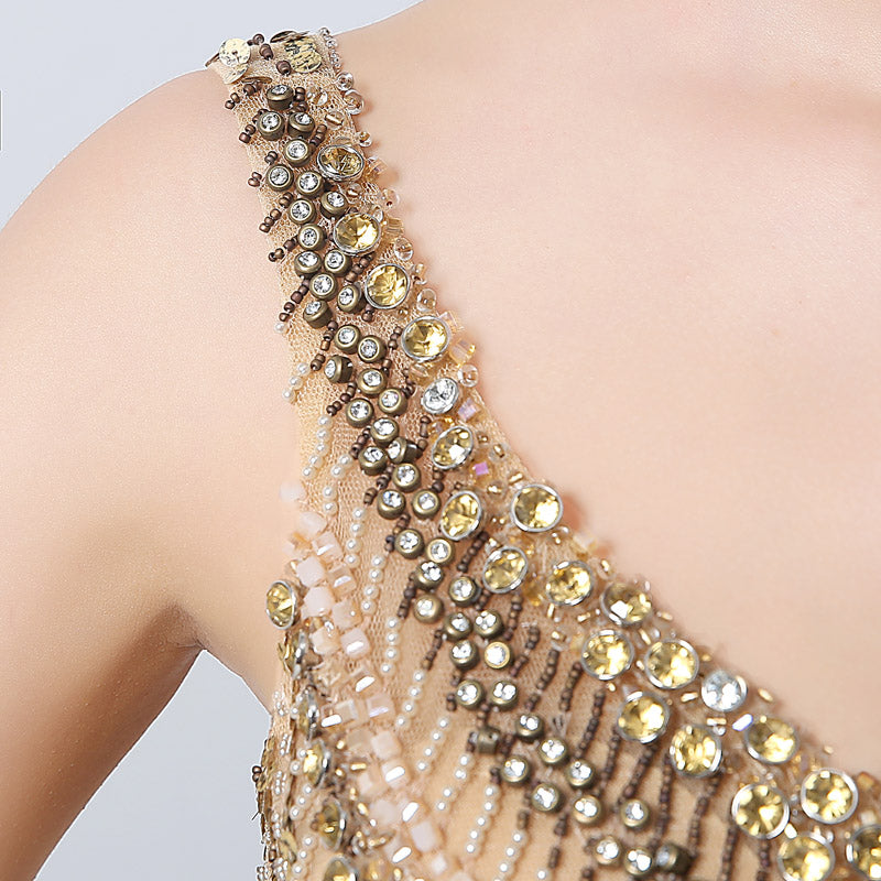 Gold Sequin Embellished V - Neck Mermaid Prom Dress, JS003