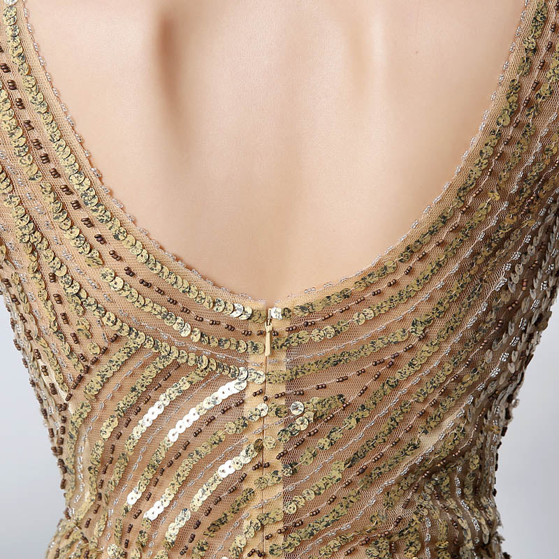 Gold Sequin Embellished V - Neck Mermaid Prom Dress, JS003