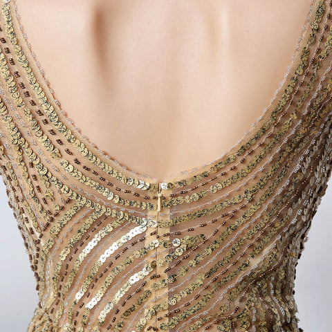 Gold Sequin Embellished V - Neck Mermaid Prom Dress, JS003