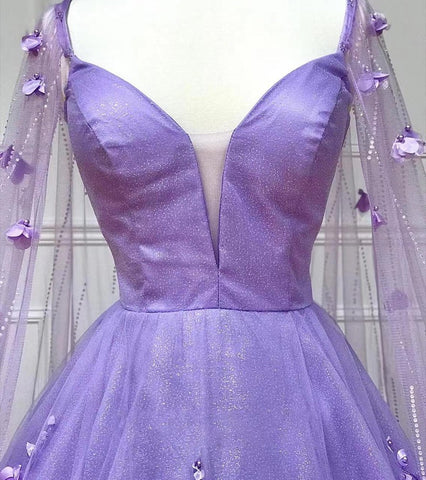 A-Line Lavender 3D Floral Lace  with Cape Sleeves Prom Dress