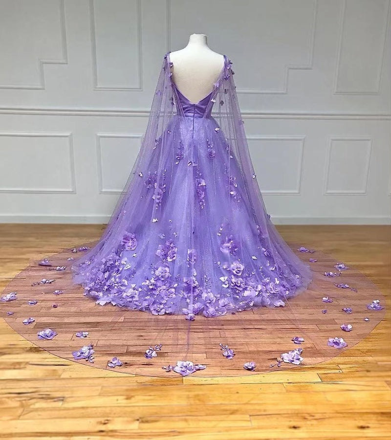 A-Line Lavender 3D Floral Lace  with Cape Sleeves Prom Dress