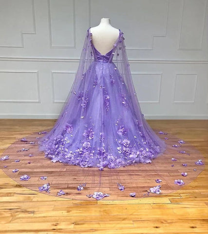 A-Line Lavender 3D Floral Lace  with Cape Sleeves Prom Dress