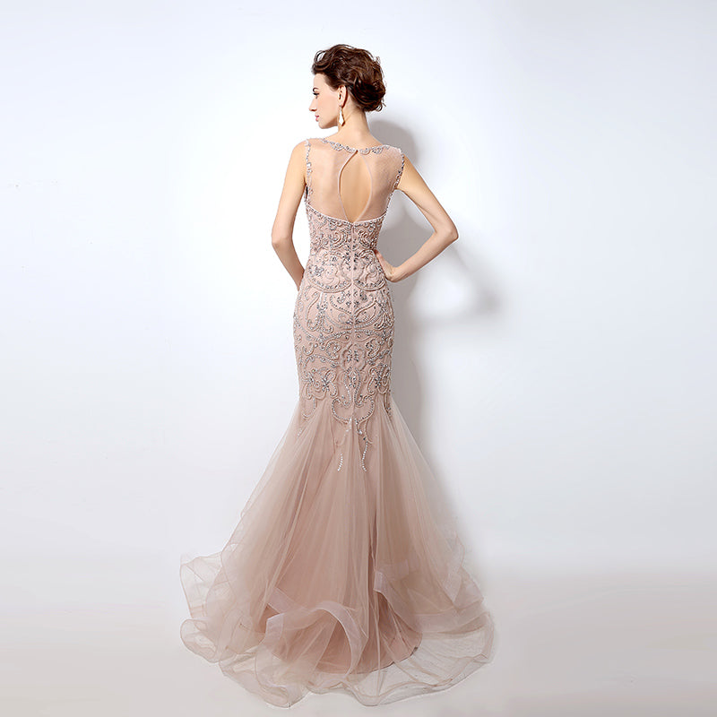 Nude Crystal - Embellished Illusion - Neck Mermaid Prom Dress with Tulle Dress, LX006