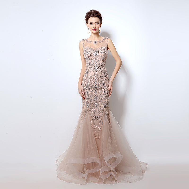 Nude Crystal - Embellished Illusion - Neck Mermaid Prom Dress with Tulle Dress, LX006