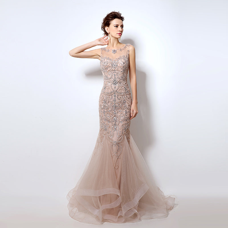Nude Crystal - Embellished Illusion - Neck Mermaid Prom Dress with Tulle Dress, LX006