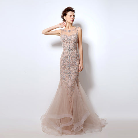 Nude Crystal - Embellished Illusion - Neck Mermaid Prom Dress with Tulle Dress, LX006