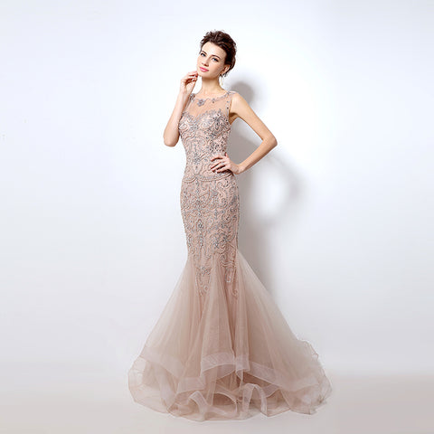 Nude Crystal - Embellished Illusion - Neck Mermaid Prom Dress with Tulle Dress, LX006
