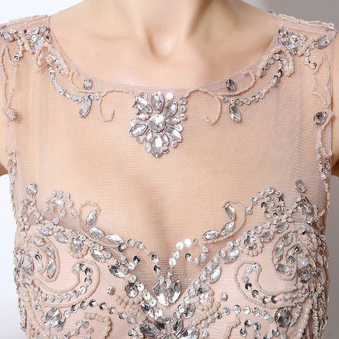 Nude Crystal - Embellished Illusion - Neck Mermaid Prom Dress with Tulle Dress, LX006