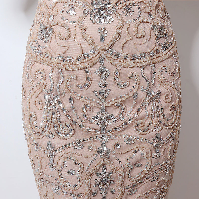 Nude Crystal - Embellished Illusion - Neck Mermaid Prom Dress with Tulle Dress, LX006