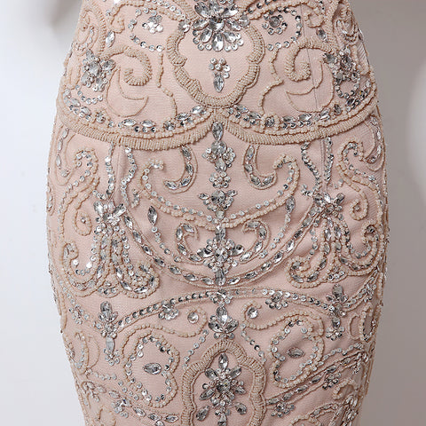 Nude Crystal - Embellished Illusion - Neck Mermaid Prom Dress with Tulle Dress, LX006