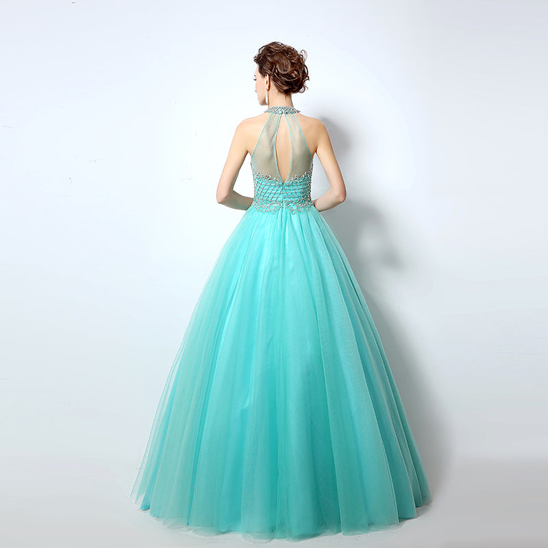 Turquoise Crystal - Embellished Halter - Neck Tulle Ball - Gown Prom Dress, LX010