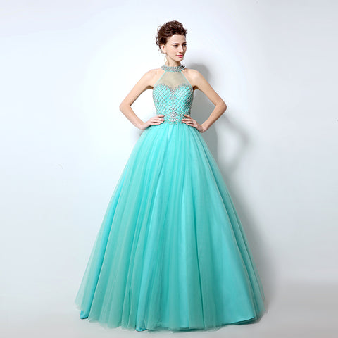 Turquoise Crystal - Embellished Halter - Neck Tulle Ball - Gown Prom Dress, LX010