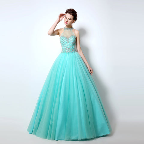 Turquoise Crystal - Embellished Halter - Neck Tulle Ball - Gown Prom Dress, LX010