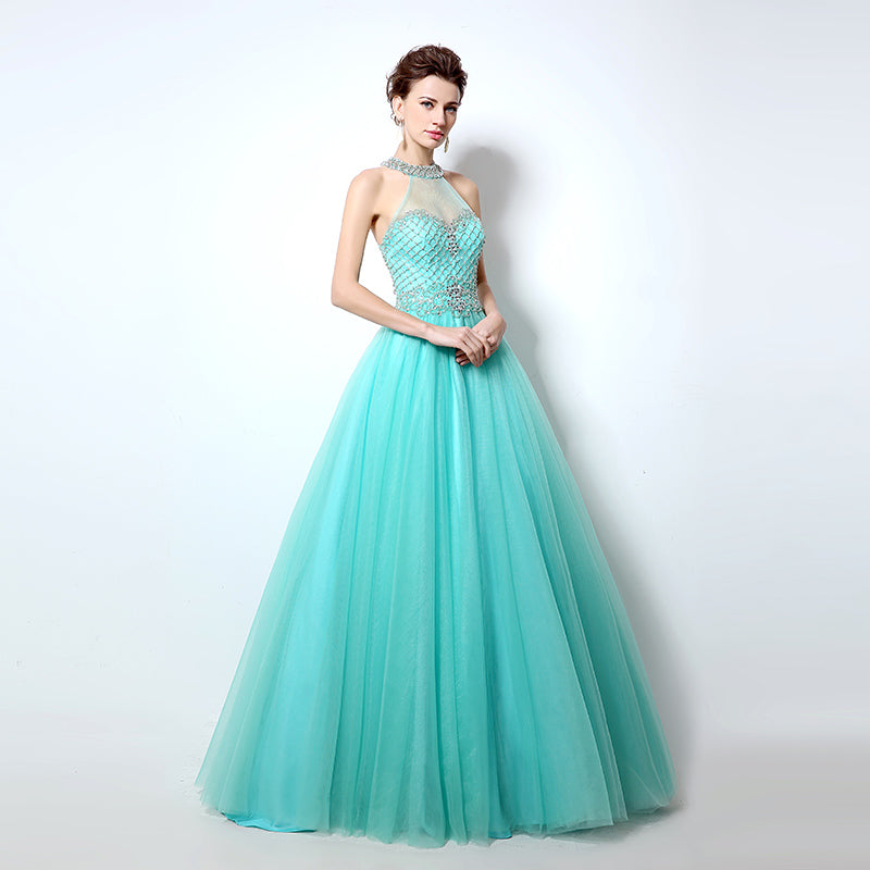 Turquoise Crystal - Embellished Halter - Neck Tulle Ball - Gown Prom Dress, LX010