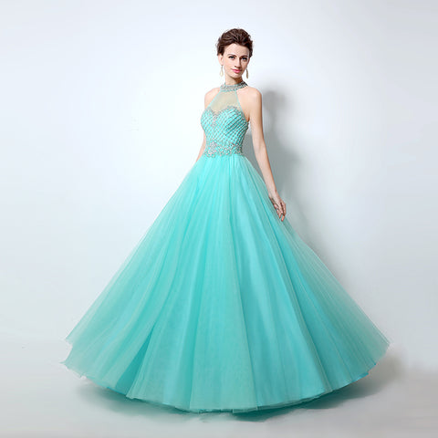 Turquoise Crystal - Embellished Halter - Neck Tulle Ball - Gown Prom Dress, LX010