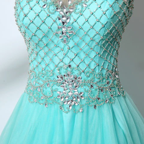 Turquoise Crystal - Embellished Halter - Neck Tulle Ball - Gown Prom Dress, LX010