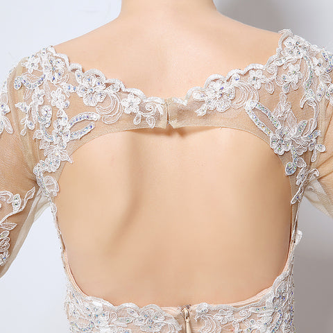 Nude Lace - Embroidered Sweetheart 3/4 - Sleeve Mermaid Prom Dress, LX013