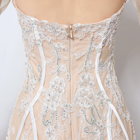 Nude Lace - Embroidered Sweetheart 3/4 - Sleeve Mermaid Prom Dress, LX013