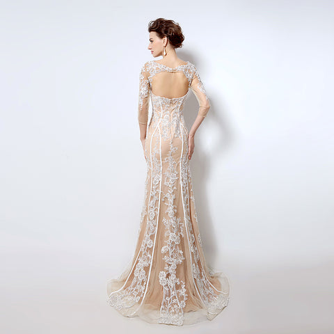Nude Lace - Embroidered Sweetheart 3/4 - Sleeve Mermaid Prom Dress, LX013