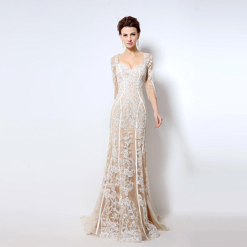 Nude Lace - Embroidered Sweetheart 3/4 - Sleeve Mermaid Prom Dress, LX013