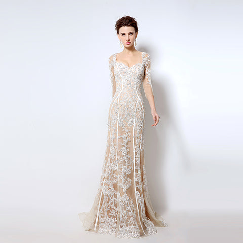Nude Lace - Embroidered Sweetheart 3/4 - Sleeve Mermaid Prom Dress, LX013